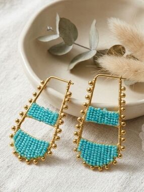 Aqua Beaded Statement Hoop Earrings Handmade Artisan Boho Ethnic Gold Drop